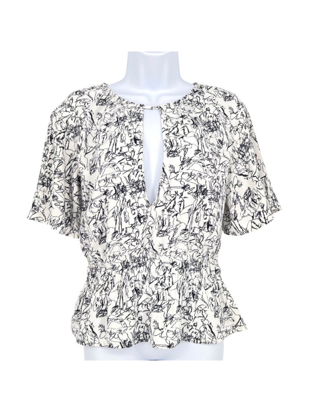 Open Edit Peplum Abstract Print Keyhole Blouse Black White Size XS